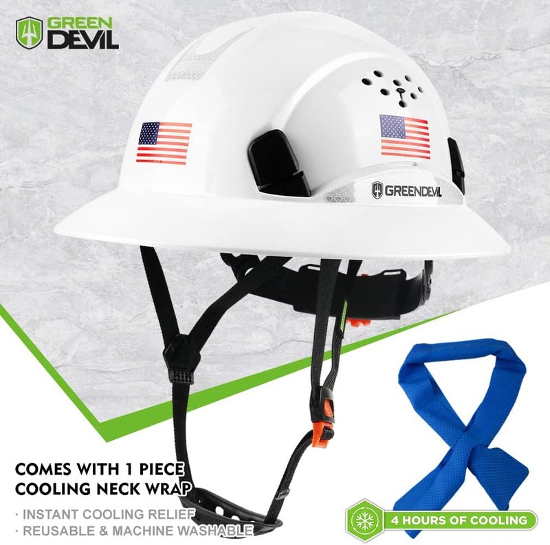 GREEN DEVIL Full Brim Hard Hat Vented Construction Safety Helmet OSHA Approved Cascos De Construccion Work Hardhats with Cooling Towel for Men&Women 6 Point Adjustable Ratchet Suspension - Image 2